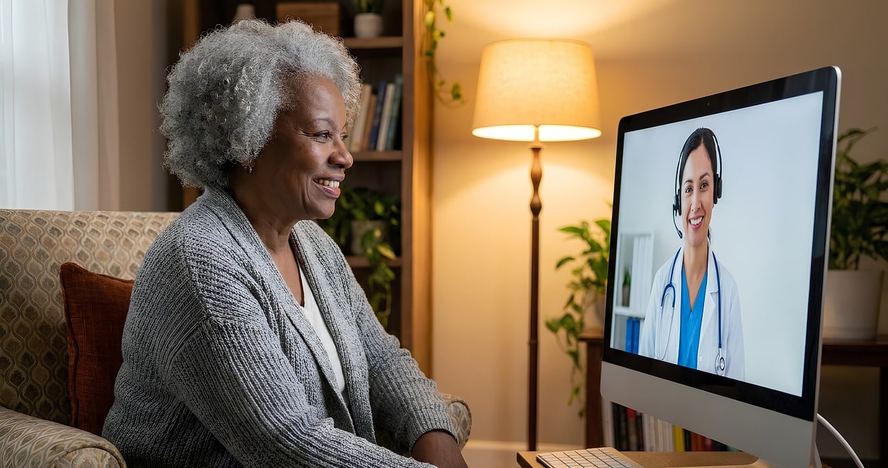 Women in front of computer screen during a telehealth appointment